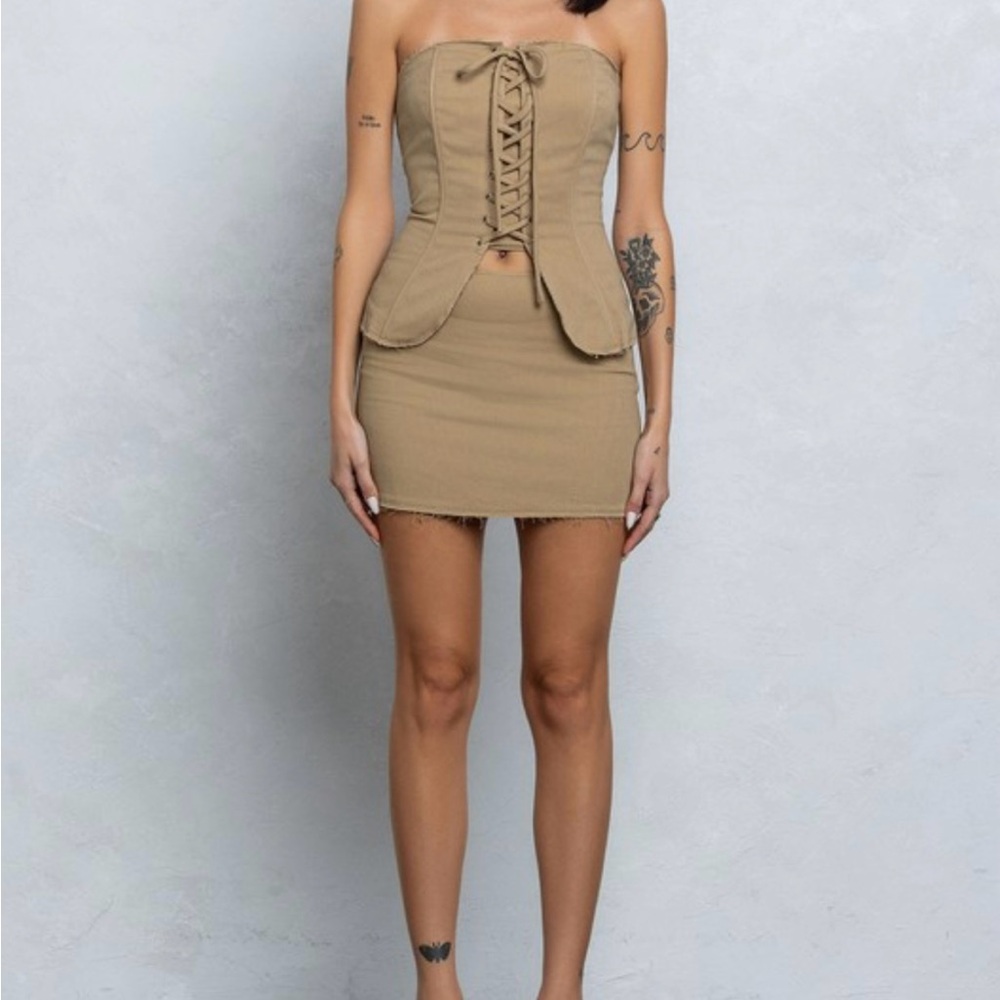 Strapless Lace-Up Corset Mini Dress in Tan